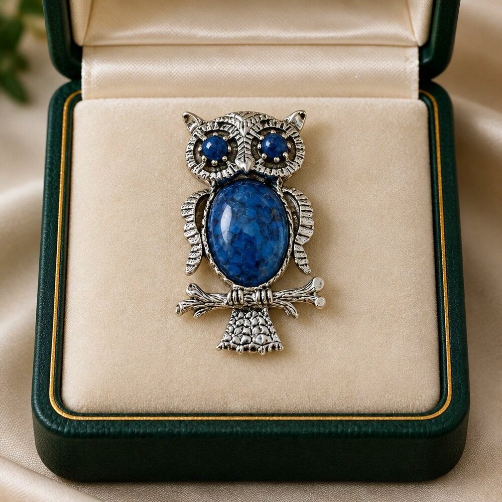 Vintage 1950s Signed GERRY'S Wise Owl Brooch Pin Heavy Blue Stone Cabochons